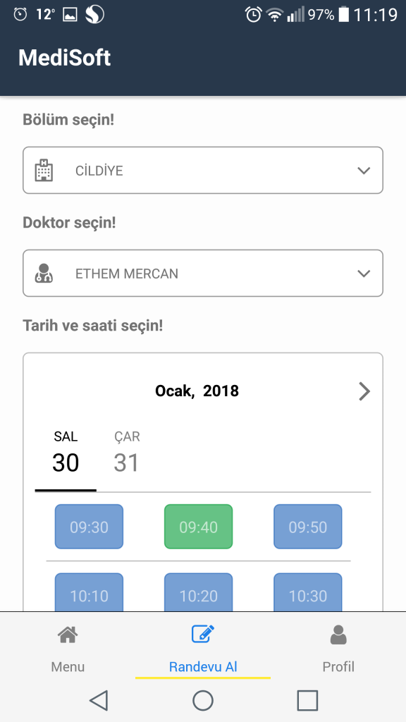 Medisoft App randevu alma ekranı